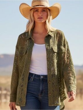 Jaded Gypsy Olive Lace Sweet Whispers Button Down Shirt OS